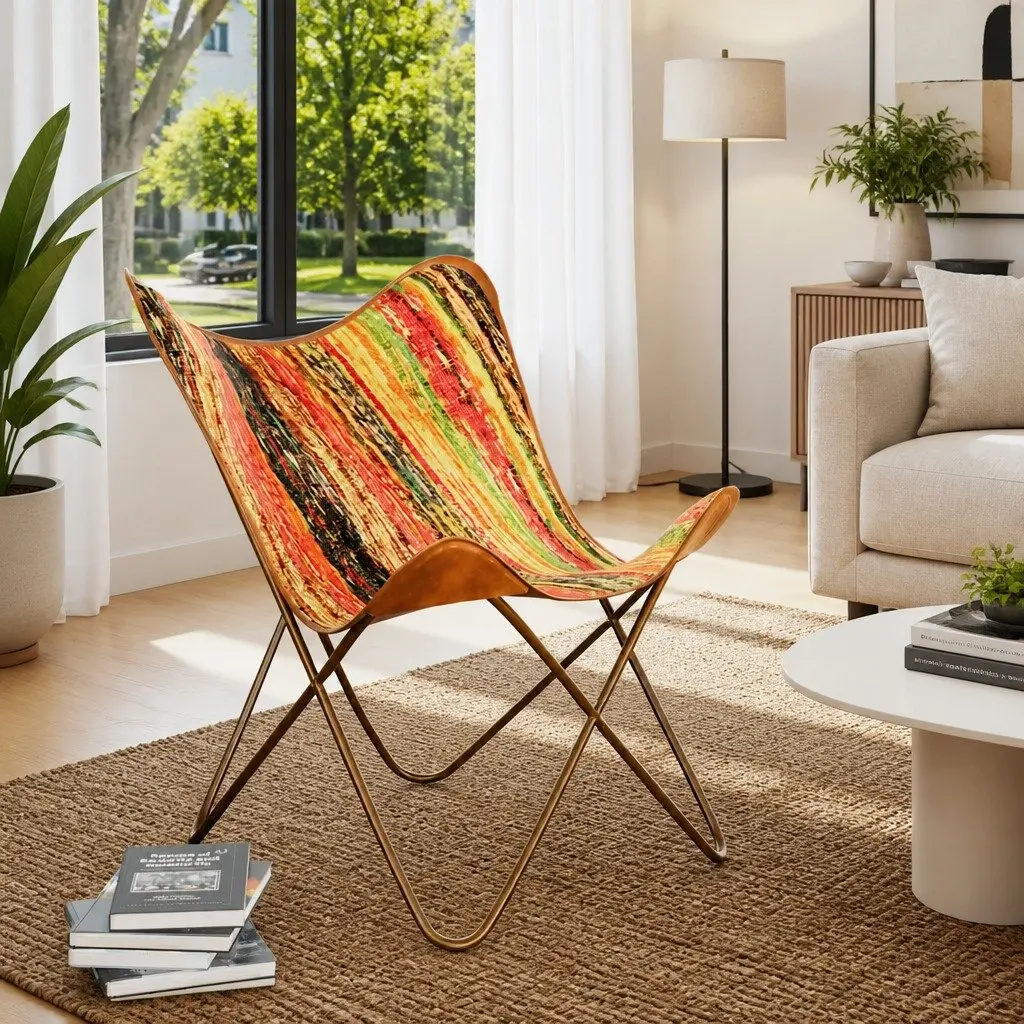 Butterfly Chair Multicolour Chindi Fabric Relaxation Lounge Seat Iron Frame