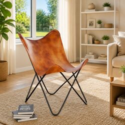 Brown Real Leather Butterfly Chair for Living Spaces
