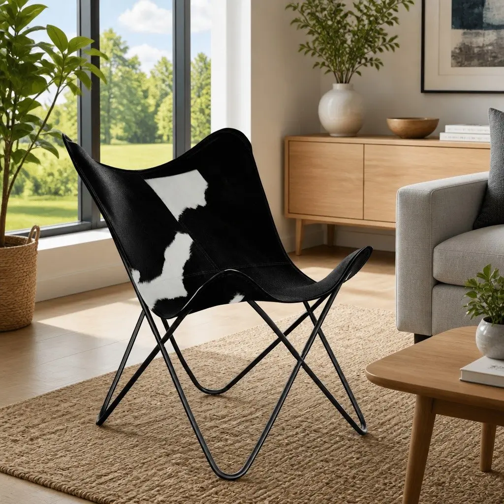Black Real Cowhide Leather Butterfly Chair
