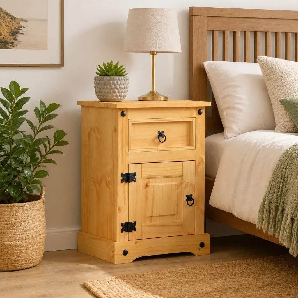 Bedside Cabinet Corona Style Brown Wooden Nightstand Waxed Pine with Black Metal Accents