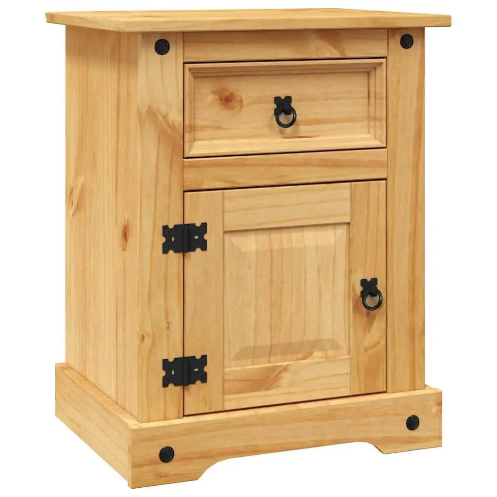 Bedside Cabinet Corona Style Brown Wooden Nightstand Waxed Pine with Black Metal Accents