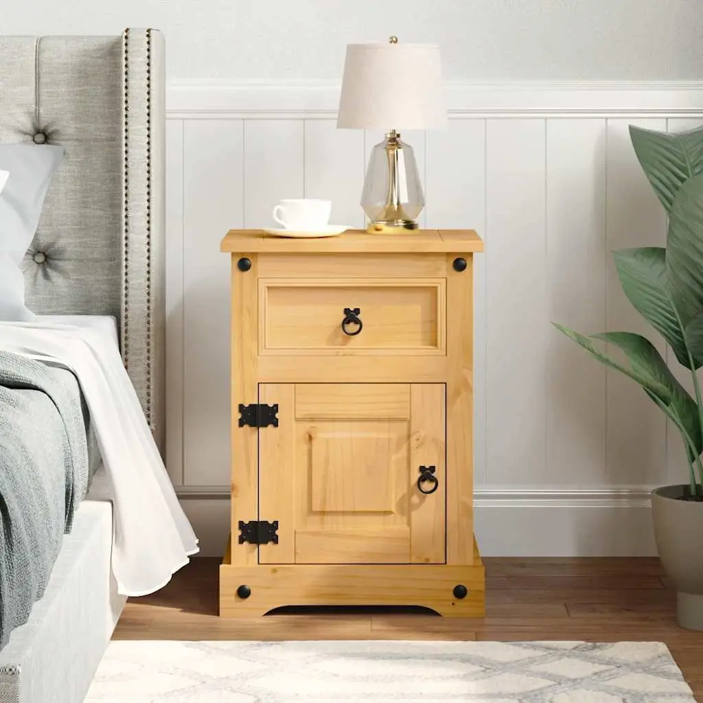 Bedside Cabinet Corona Style Brown Wooden Nightstand Waxed Pine with Black Metal Accents
