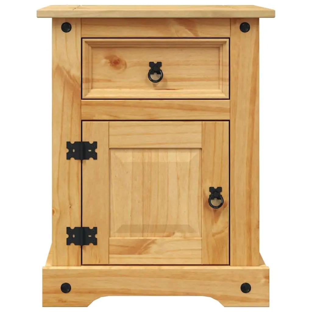 Bedside Cabinet Corona Style Brown Wooden Nightstand Waxed Pine with Black Metal Accents