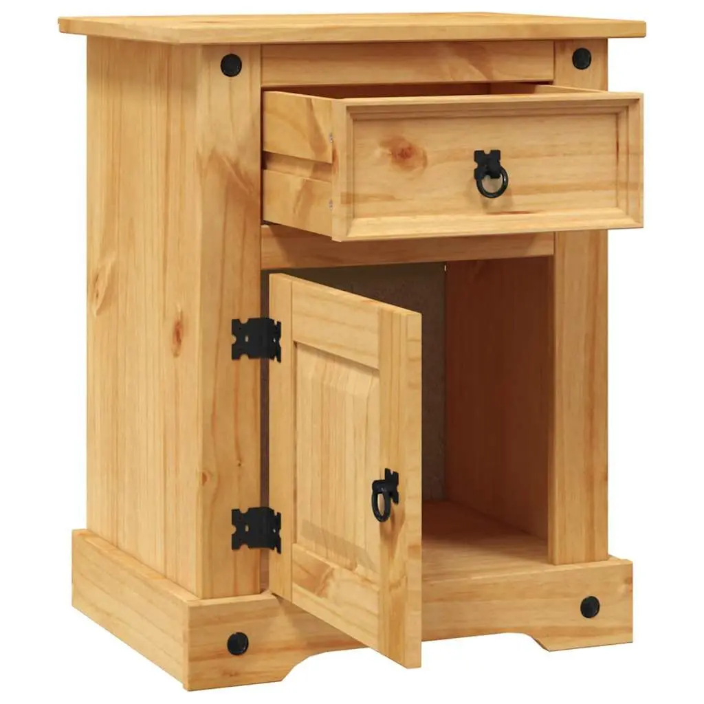 Bedside Cabinet Corona Style Brown Wooden Nightstand Waxed Pine with Black Metal Accents