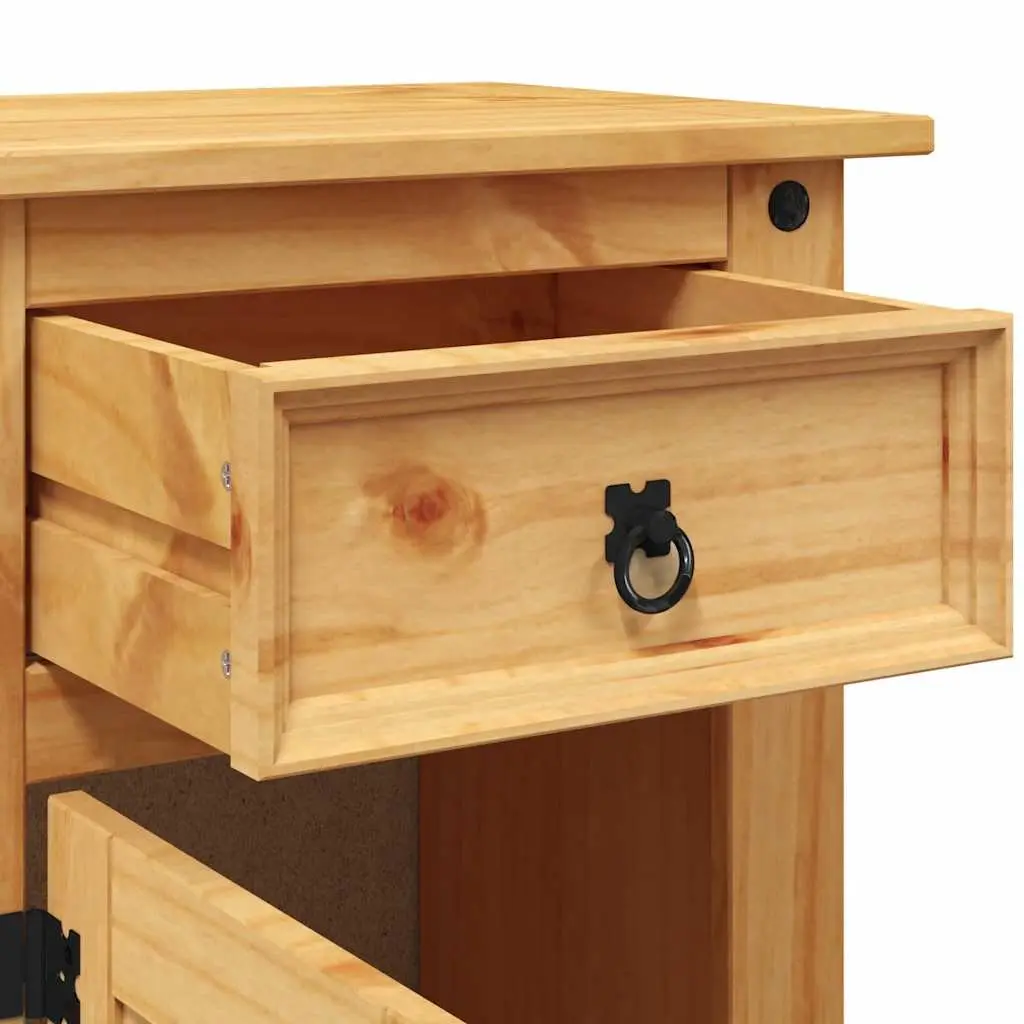 Bedside Cabinet Corona Style Brown Wooden Nightstand Waxed Pine with Black Metal Accents