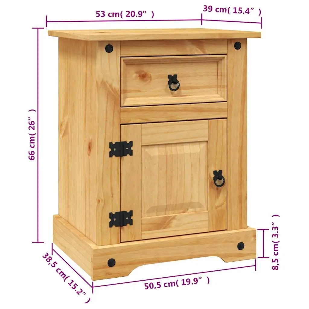 Bedside Cabinet Corona Style Brown Wooden Nightstand Waxed Pine with Black Metal Accents