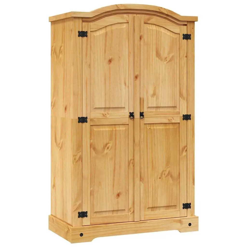Wooden Wardrobe Mexican Corona Style 2 Doors Brown Solid Pine with Black Metal Accents