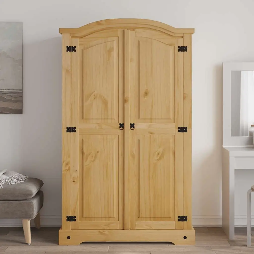 Wooden Wardrobe Mexican Corona Style 2 Doors Brown Solid Pine with Black Metal Accents