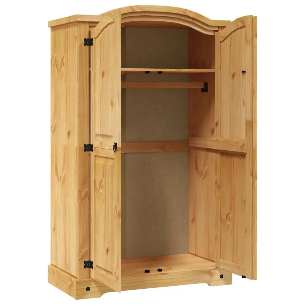 Wooden Wardrobe Mexican Corona Style 2 Doors Brown Solid Pine with Black Metal Accents