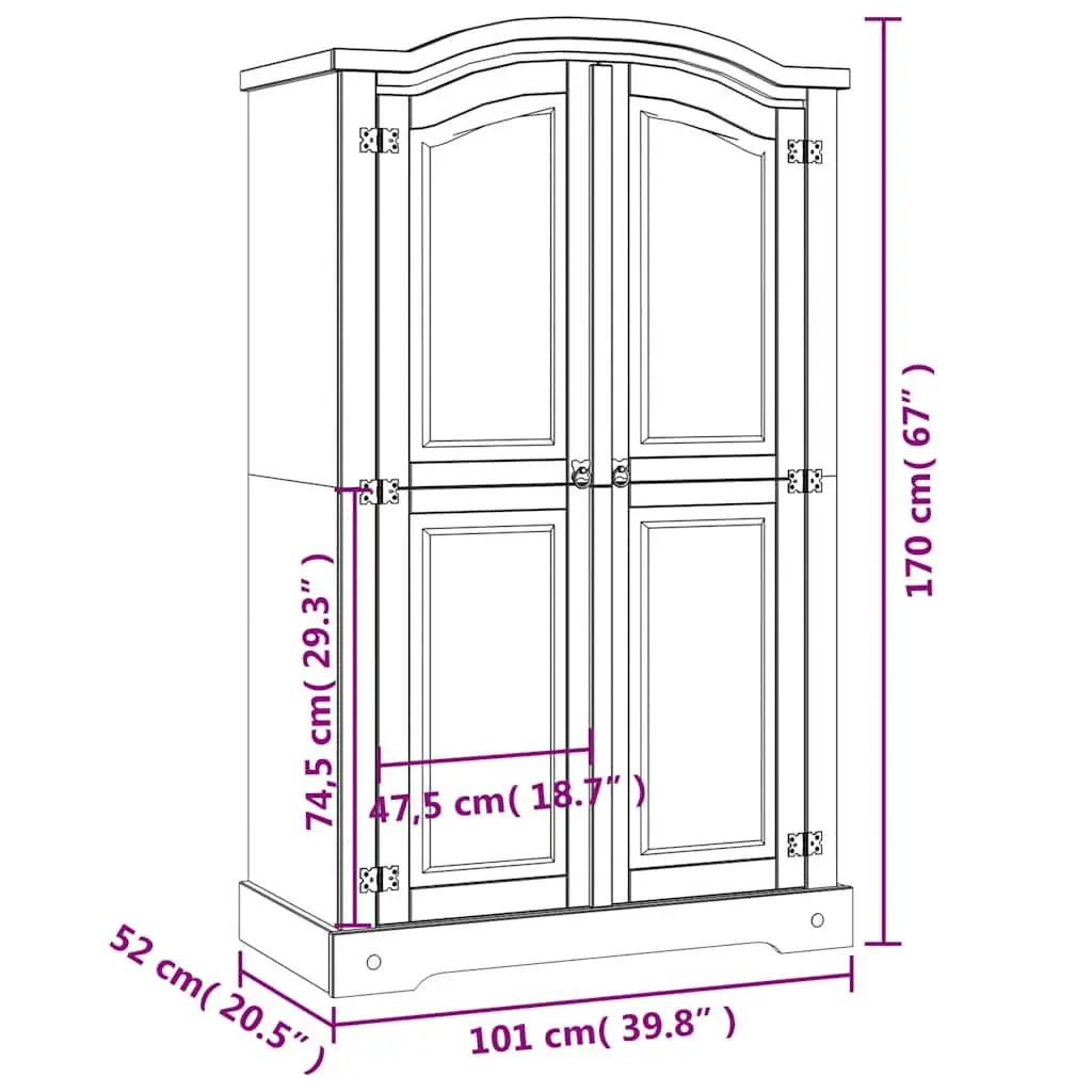 Wooden Wardrobe Mexican Corona Style 2 Doors Brown Solid Pine with Black Metal Accents