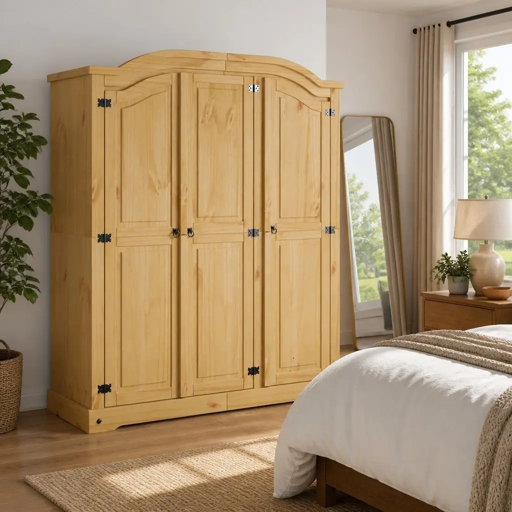 3-Door Pine Wardrobe Cabinet with Rustic Charm