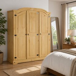 3-Door Pine Wardrobe Cabinet with Rustic Charm
