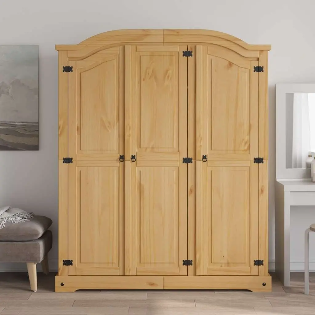 3 Door Wooden Wardrobe Cabinet Brown Waxed Pine Mexican Corona Style