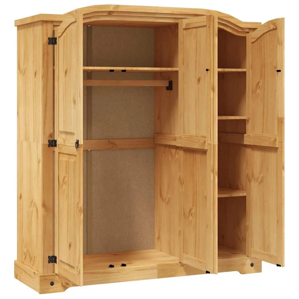 3 Door Wooden Wardrobe Cabinet Brown Waxed Pine Mexican Corona Style