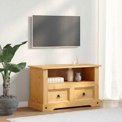 Rustic Pinewood TV Cabinet with Drawers and Open Shelf