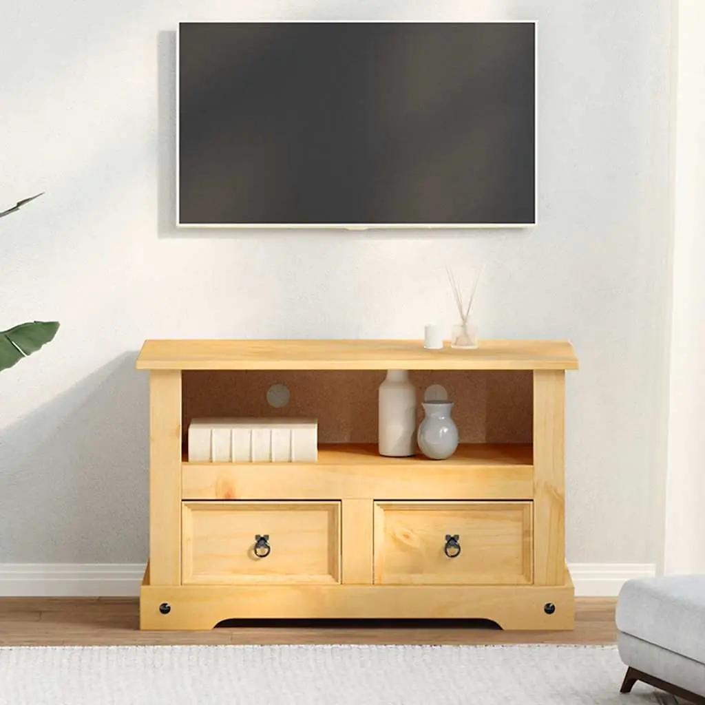 Rustic Pinewood TV Cabinet with Drawers and Open Shelf