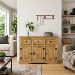 Rustic Solid Pinewood Sideboard with 3 Doors and Drawers