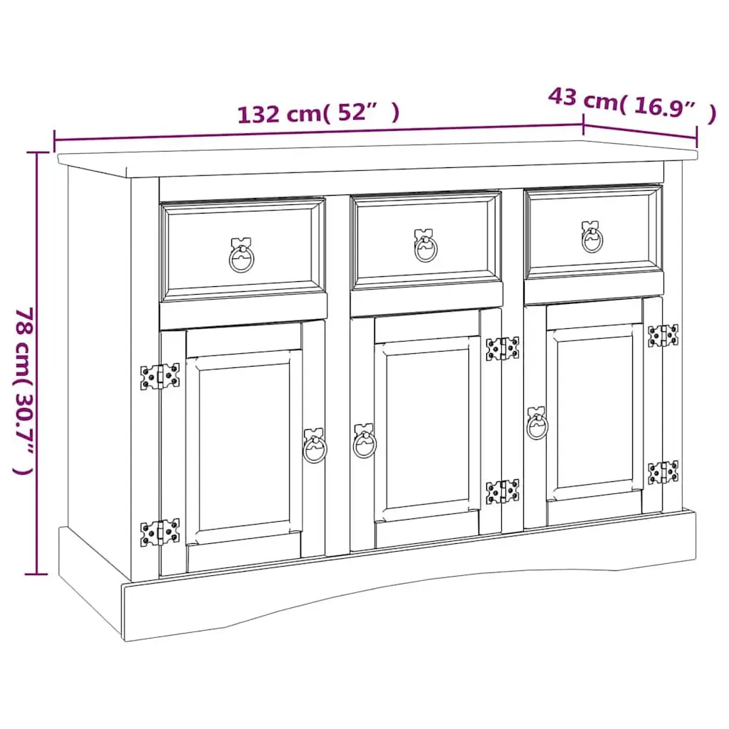 Sideboard Rustic Solid Pinewood Storage Cabinet Brown 3 Doors Drawers Compartments