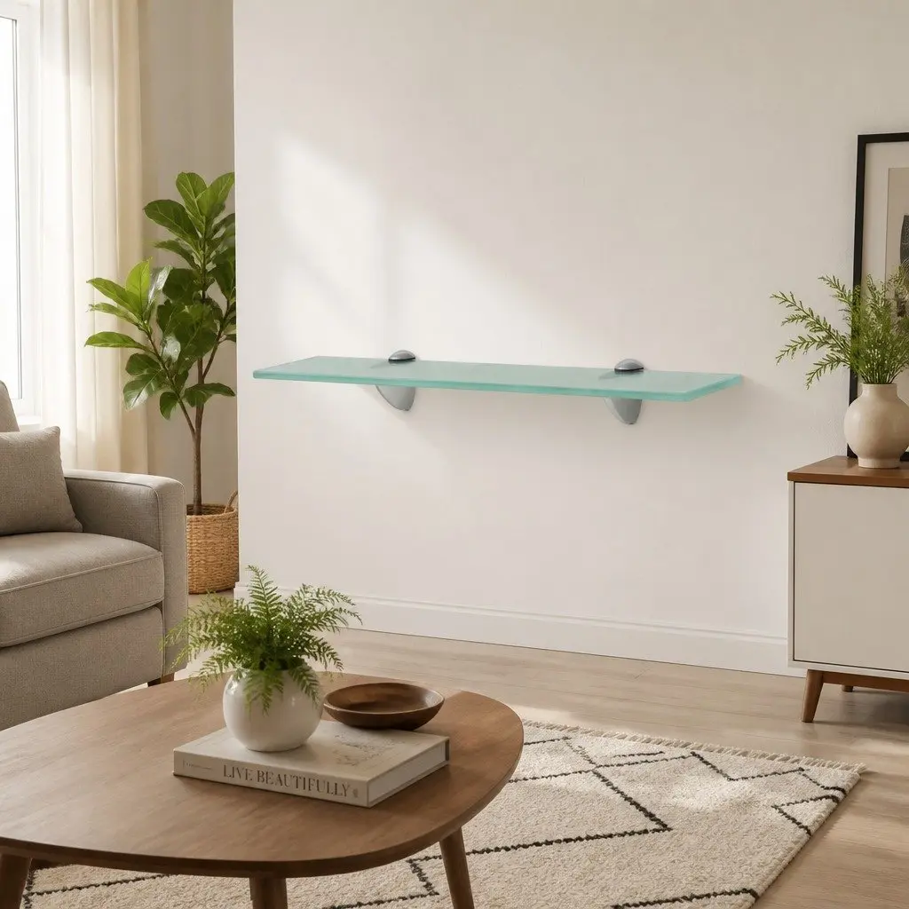 Floating Wall Shelf Transparent Glass 50x20cm Tempered Safety Glass with Zinc Alloy Brackets