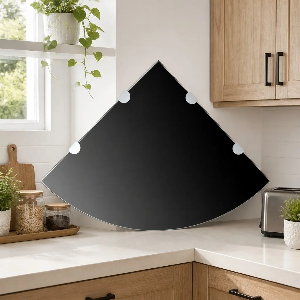 Corner Wall Shelf Black Glass 45cm Tempered Safety Glass Floating Storage Display Ledge