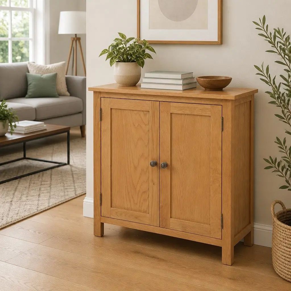 Solid Oak Wood Sideboard Storage Cabinet Rustic Brown 70cm W x 35cm D x 75cm H