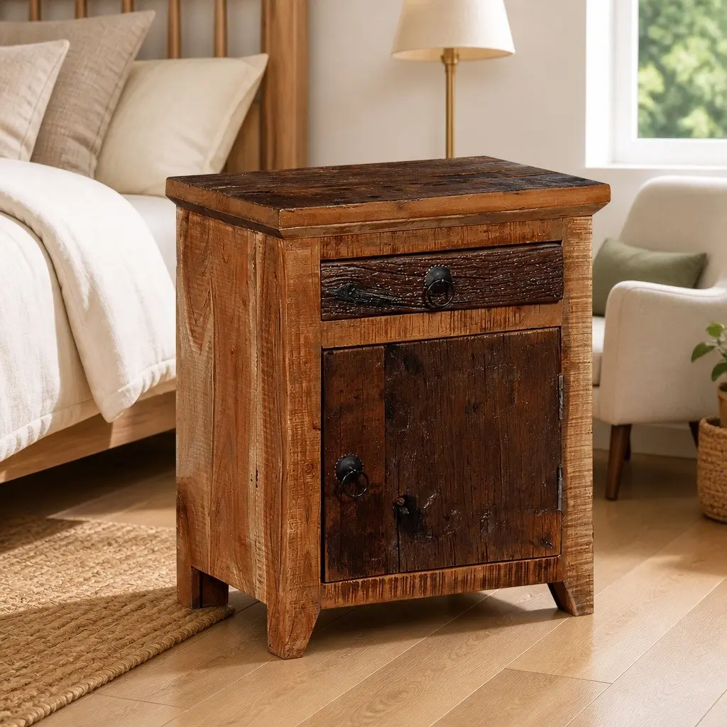 Bedside Table Solid Acacia Reclaimed Wood Nightstand with Drawer Cabinet Storage
