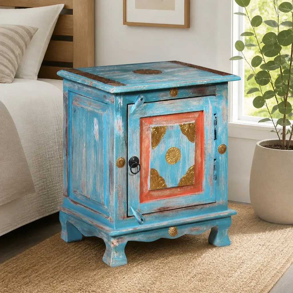 Solid Mango Wood Blue Bedside Table in Indian Style