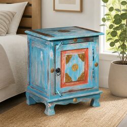 Solid Mango Wood Blue Bedside Table in Indian Style