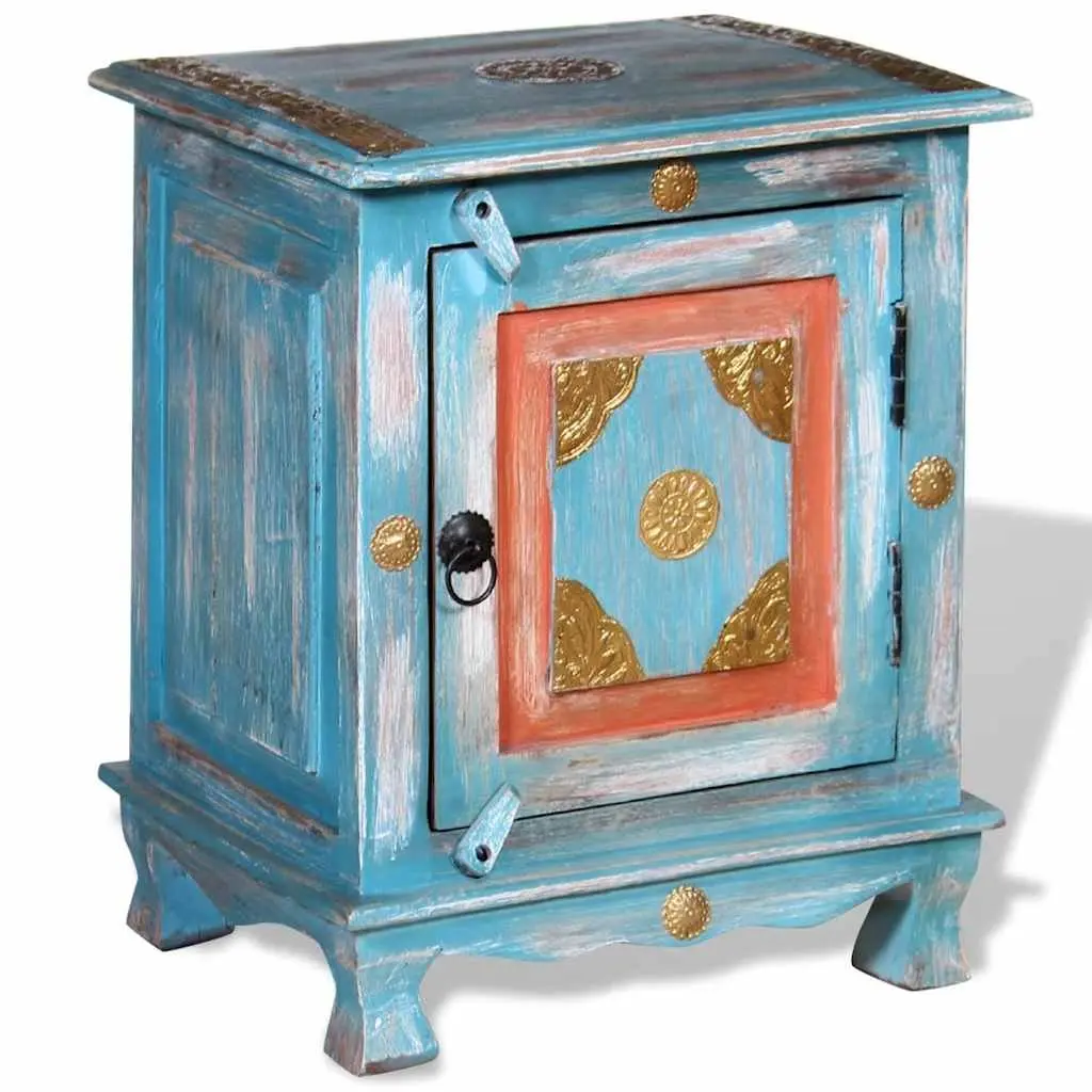 Solid Mango Wood Blue Bedside Table in Indian Style