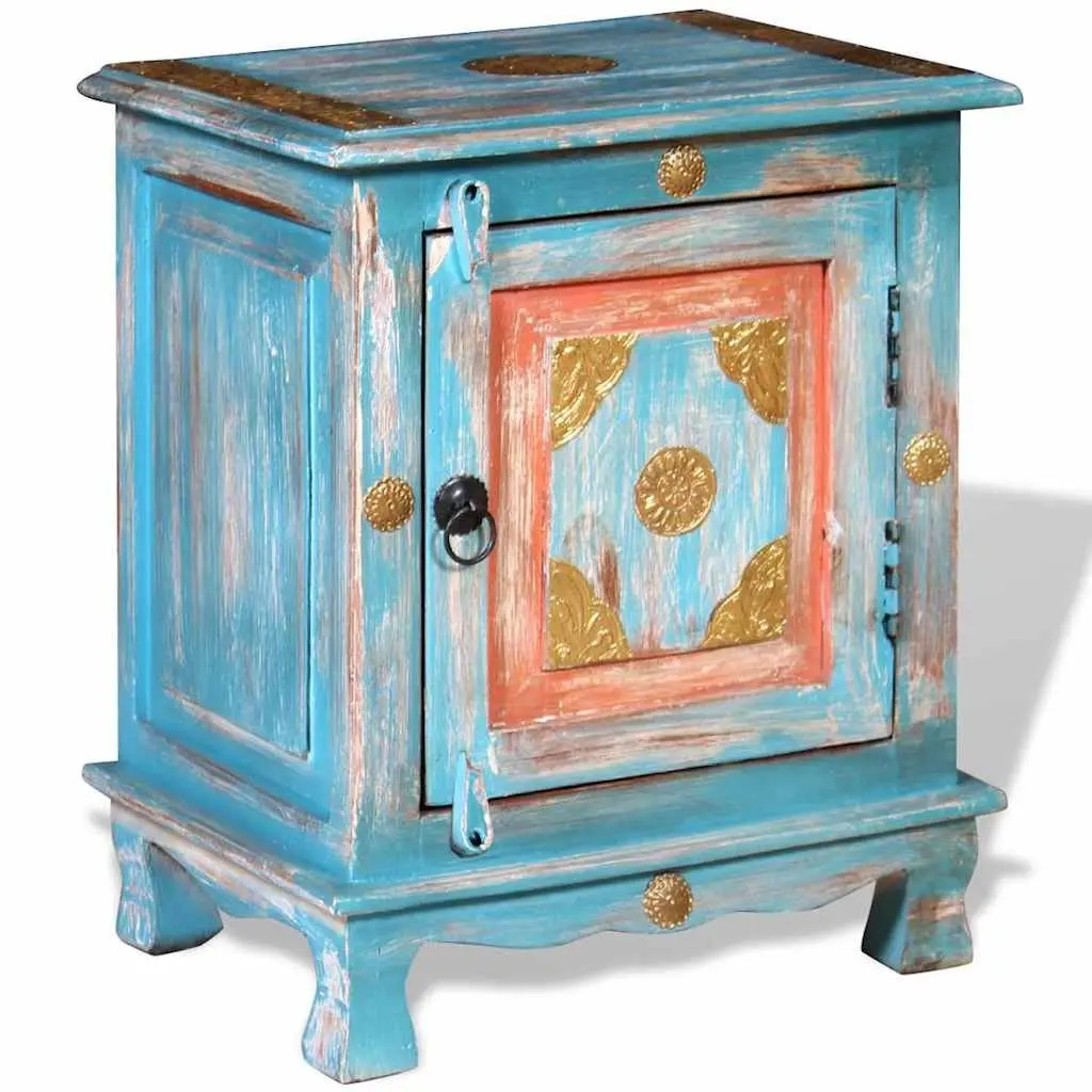 Solid Mango Wood Blue Bedside Table in Indian Style