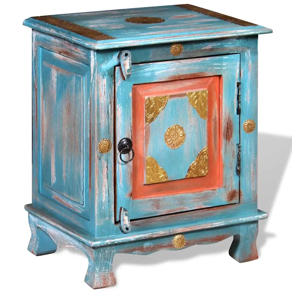 Solid Mango Wood Blue Bedside Table in Indian Style