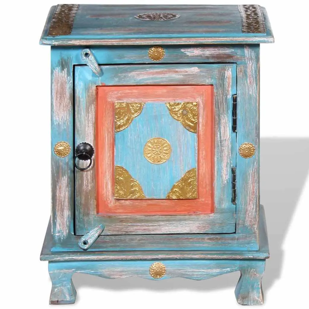 Solid Mango Wood Blue Bedside Table in Indian Style