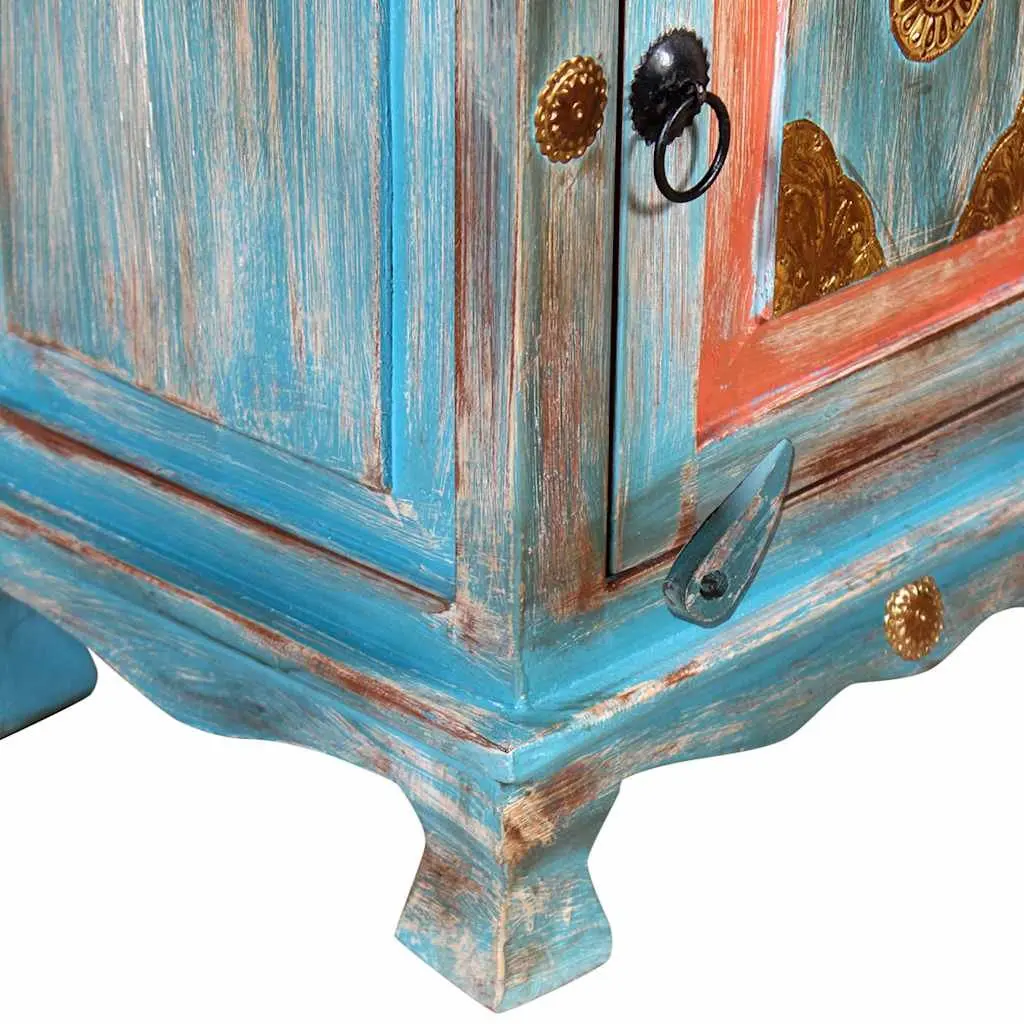 Solid Mango Wood Blue Bedside Table in Indian Style