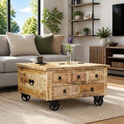 Wooden Coffee Table with Drawers in Industrial Style