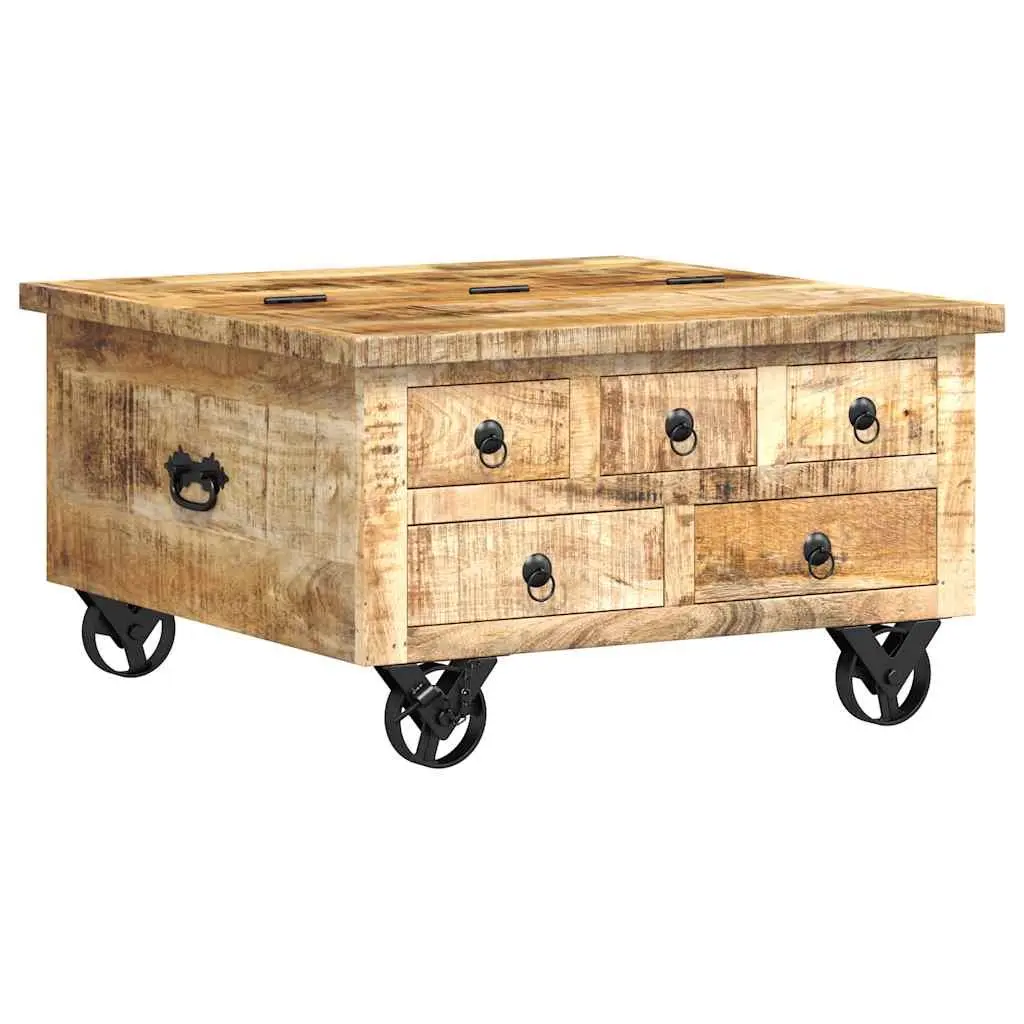 Industrial Wooden Coffee Table with Drawers 70 x 70 x 40 cm Solid Rough Mango Wood
