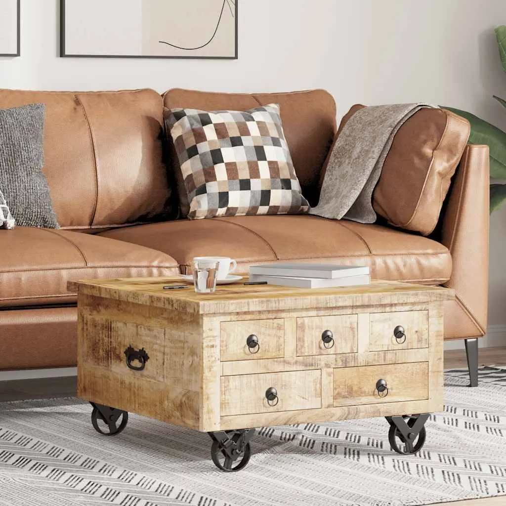 Industrial Wooden Coffee Table with Drawers 70 x 70 x 40 cm Solid Rough Mango Wood