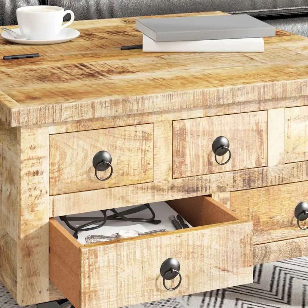 Industrial Wooden Coffee Table with Drawers 70 x 70 x 40 cm Solid Rough Mango Wood