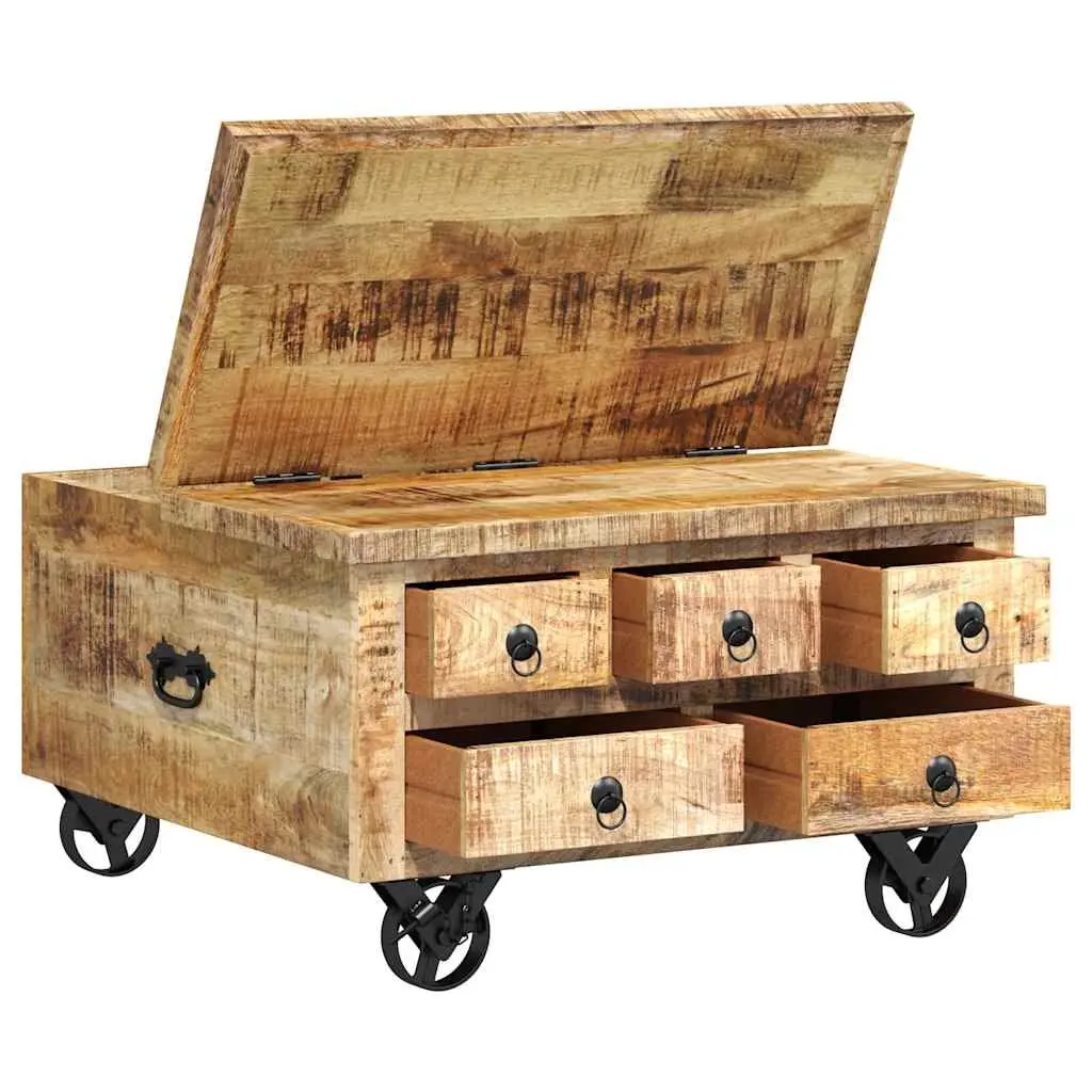Industrial Wooden Coffee Table with Drawers 70 x 70 x 40 cm Solid Rough Mango Wood