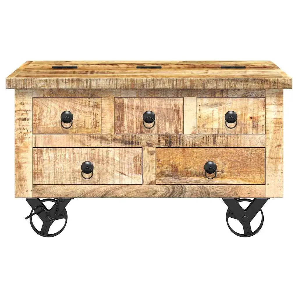 Industrial Wooden Coffee Table with Drawers 70 x 70 x 40 cm Solid Rough Mango Wood