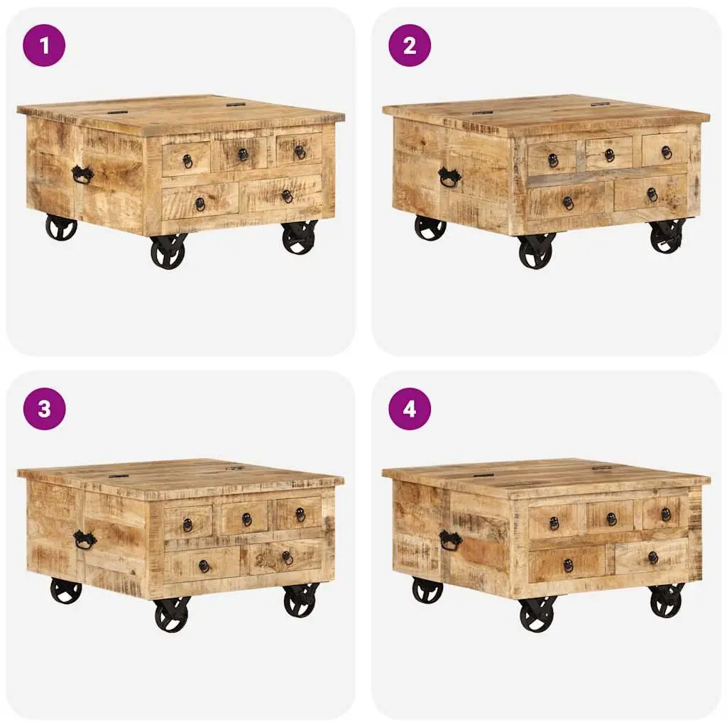 Industrial Wooden Coffee Table with Drawers 70 x 70 x 40 cm Solid Rough Mango Wood