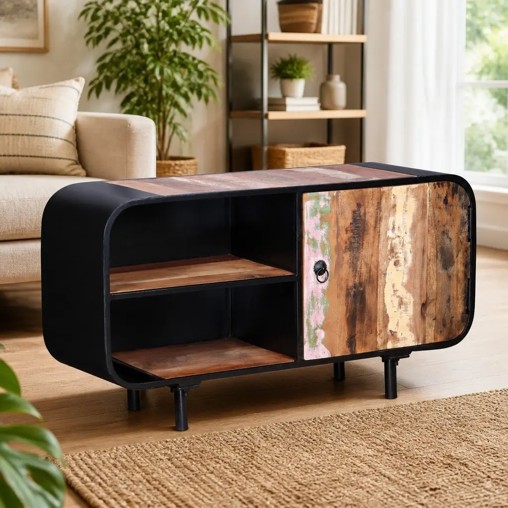 Reclaimed Wood TV Cabinet Industrial Style 90x30x48cm Iron and Reclaimed Wood