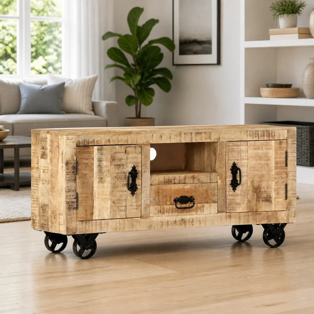 Wooden TV Cabinet Industrial Style 110cm Solid Rough Mango with Wheels