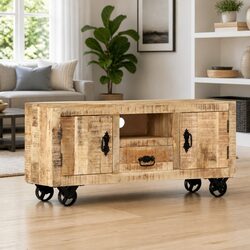 Charming Wooden TV Cabinet with Industrial Style and Wheels