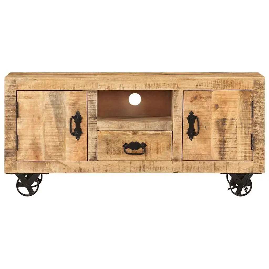 Wooden TV Cabinet Industrial Style 110cm Solid Rough Mango with Wheels