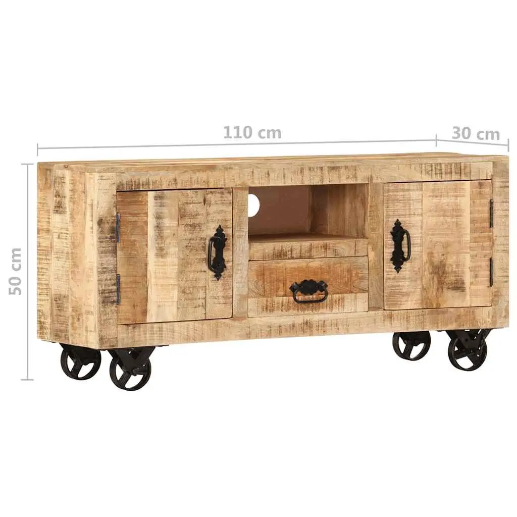 Wooden TV Cabinet Industrial Style 110cm Solid Rough Mango with Wheels