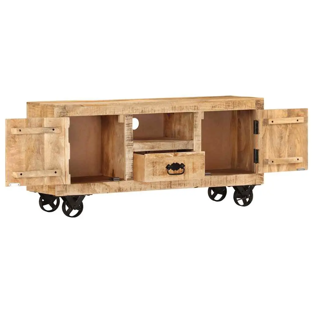 Wooden TV Cabinet Industrial Style 110cm Solid Rough Mango with Wheels