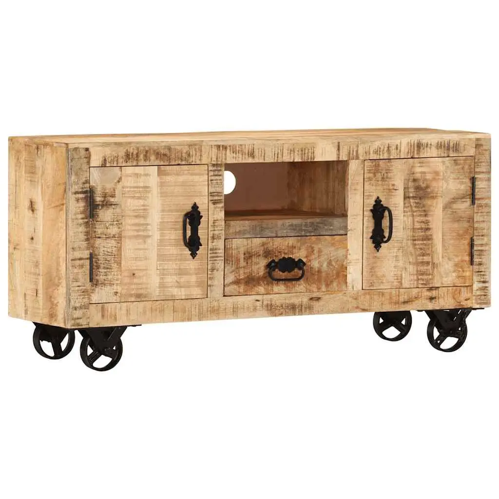 Wooden TV Cabinet Industrial Style 110cm Solid Rough Mango with Wheels