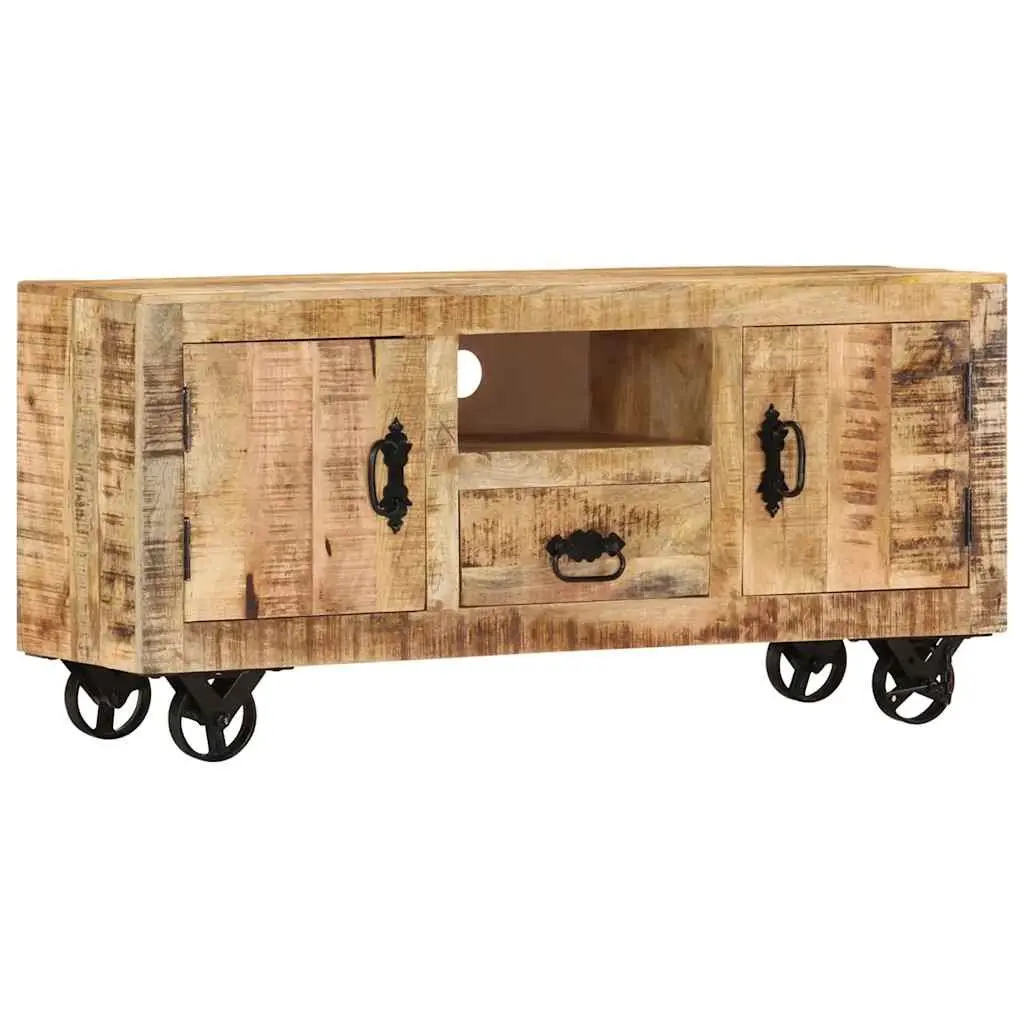 Wooden TV Cabinet Industrial Style 110cm Solid Rough Mango with Wheels