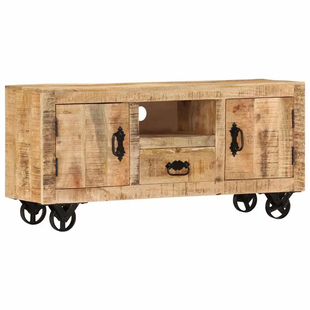 Wooden TV Cabinet Industrial Style 110cm Solid Rough Mango with Wheels