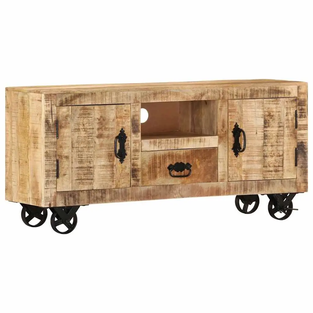 Wooden TV Cabinet Industrial Style 110cm Solid Rough Mango with Wheels